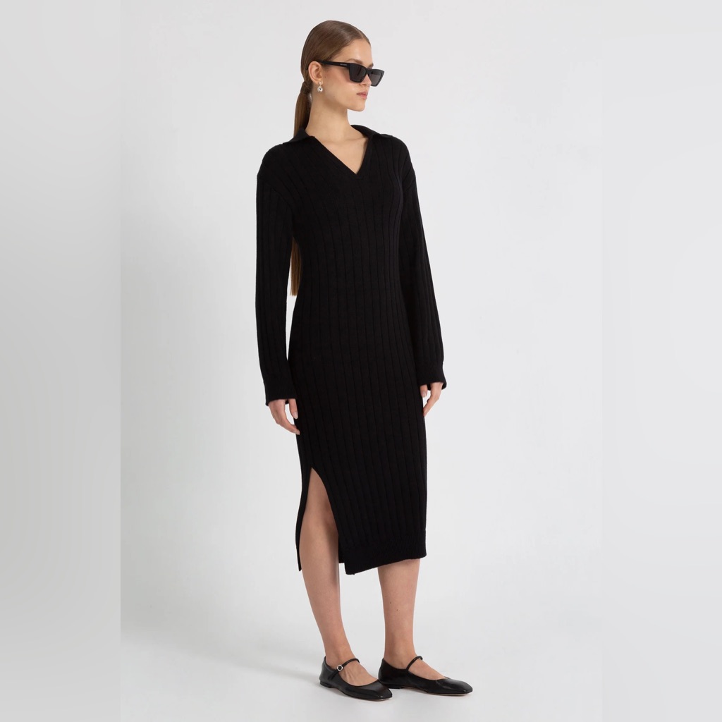 Le Capsole Black Stockholm Ribbed Collated Sweater Midi Dress Organic Cotton